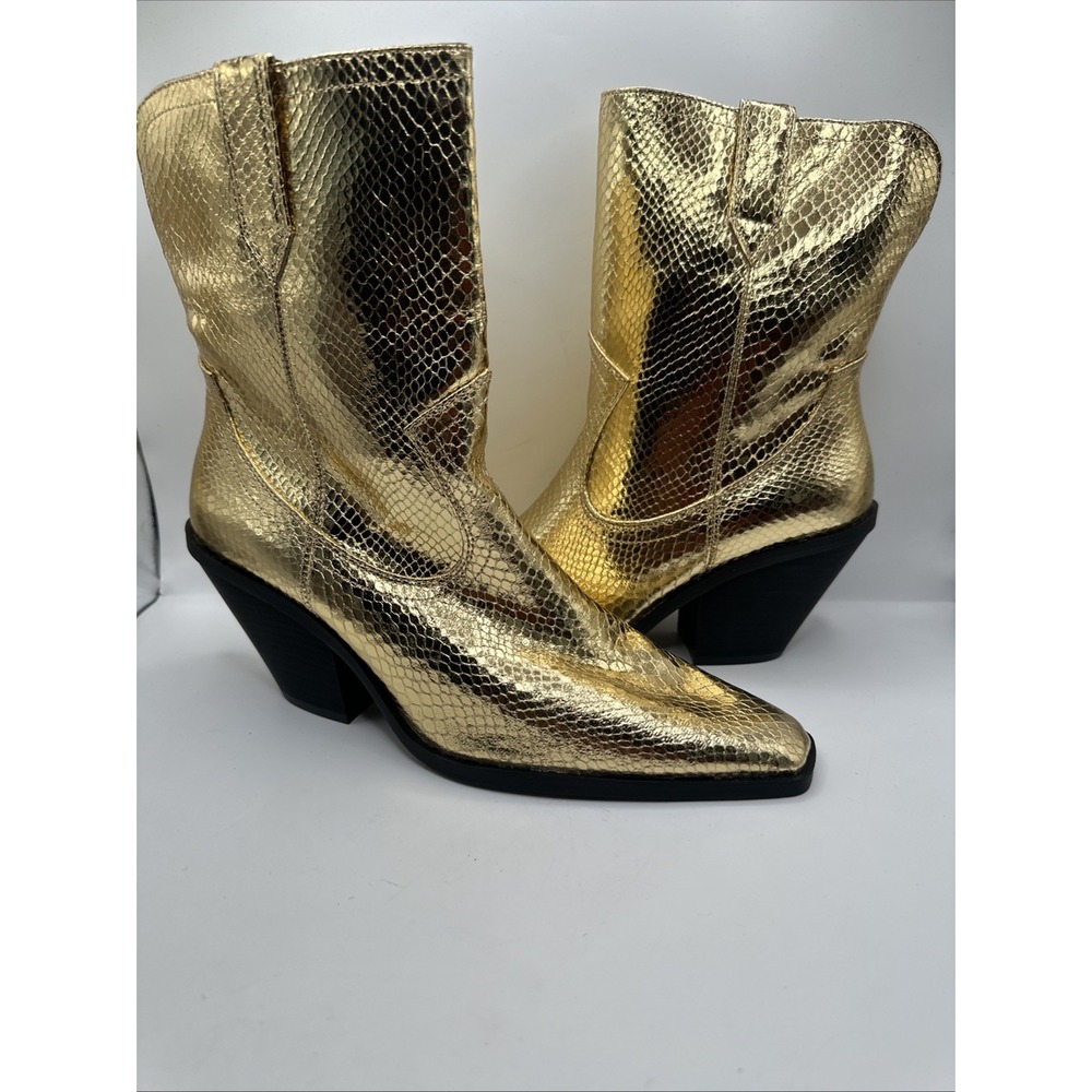 NEW Scoop Shiny Gold Metallic Snake Print Ankle Booties Chunky Heel Size 10